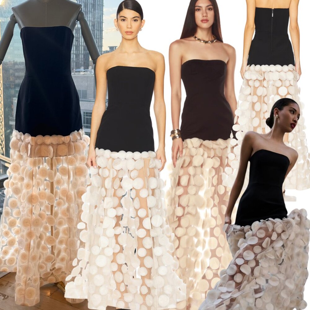 🆕 BRONX & BANCO 🧿 NWOT Harper Strapless Beige and Black Gown, Sz L US 8